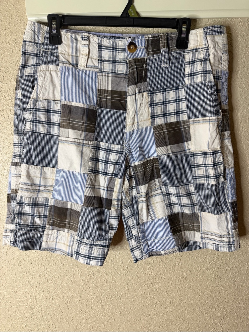 American Eagle Outfitters Patchwork Plaid Shorts - Blue, White, Brown
